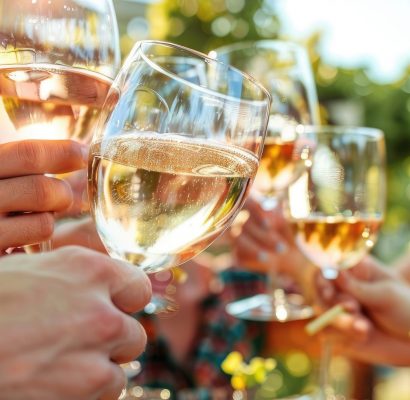 Group of people clinking wine glasses together in an outdoor party.